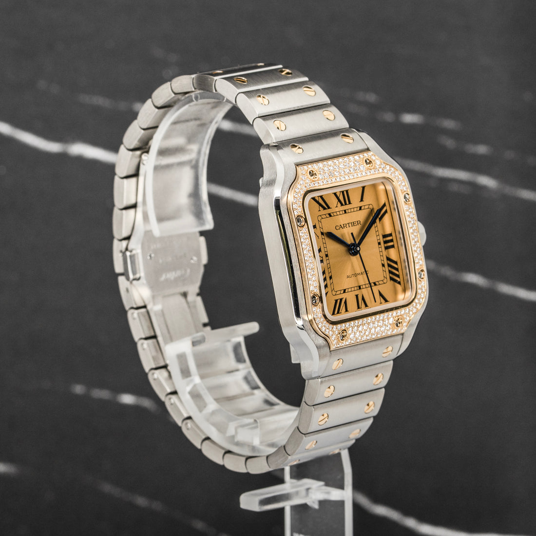 Cartier Santos de Cartier Medium Steel & Yellow Gold Diamond Bezel W3SA0007 Full Set - Excellent