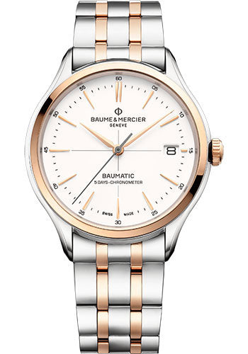 Baume & Mercier Clifton Automatic Watch - COSC Certified - Date - 40 mm Steel and Pink Gold Case - Warm-White Dial - Two-Tone Bracelet