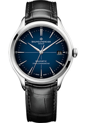 Baume & Mercier Clifton Automatic Watch - COSC Certified - Date - 40 mm Steel Case - Blue Dial - Black Alligator Strap